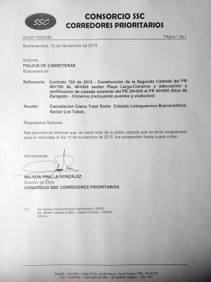 No habrá cierre de la vía Alejandro Cabal Pombo a la altura de Los Tubos