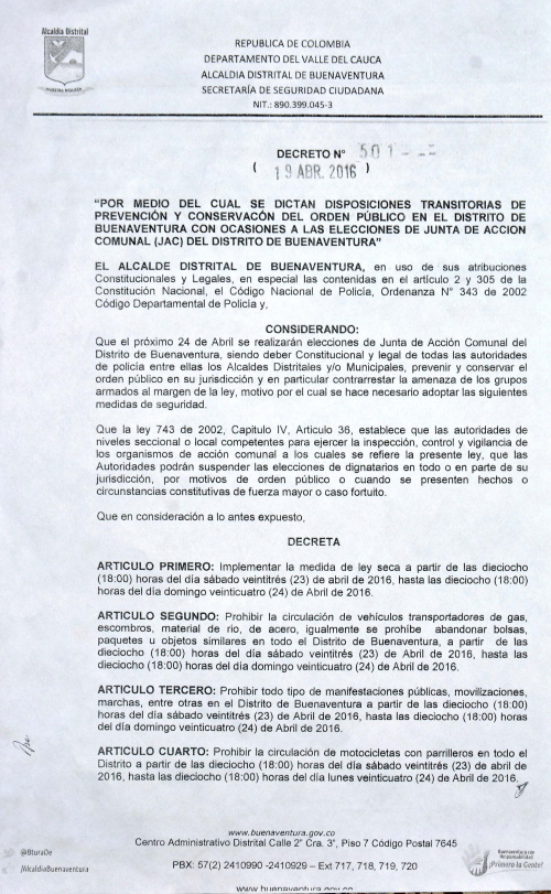 Alcalde decretó Ley Seca durante el fin de semana por elecciones de las Juntas de Acción Comunal