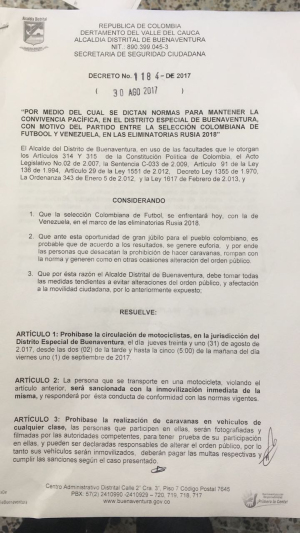 Por partido de fútbol de la Selección Colombia contra Venezuela, se prohíbe la circulación de motos en Buenaventura