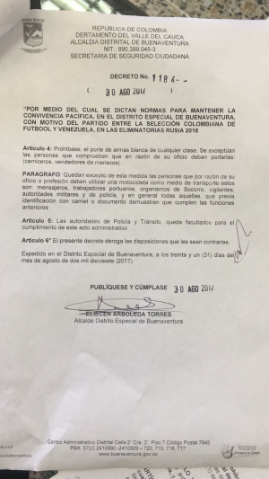 Por partido de fútbol de la Selección Colombia contra Venezuela, se prohíbe la circulación de motos en Buenaventura