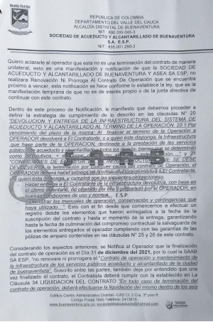 La SAAB notificó a Hidropacífico la no renovación del contrato de operación del servicio de acueducto y alcantarillado de Buenaventura