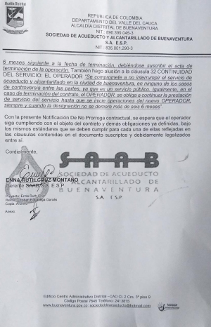 La SAAB notificó a Hidropacífico la no renovación del contrato de operación del servicio de acueducto y alcantarillado de Buenaventura