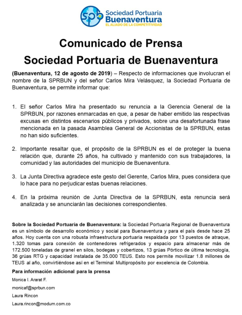 En Junta Directiva se estudiará la renuncia de Carlos Mira como gerente General de la Sociedad Portuaria Buenaventura