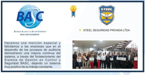 BASC hizo reconocimiento a la empresa asentada en Buenaventura STEEL Seguridad Privada Ltda. por sus altos estándares de seguridad y gestión de riesgos en el comercio internacional