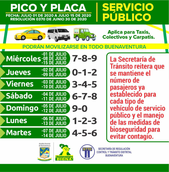 Así queda el pico y cédula y pico y placa para transporte de servicio público del 1 al 15 de julio en Buenaventura