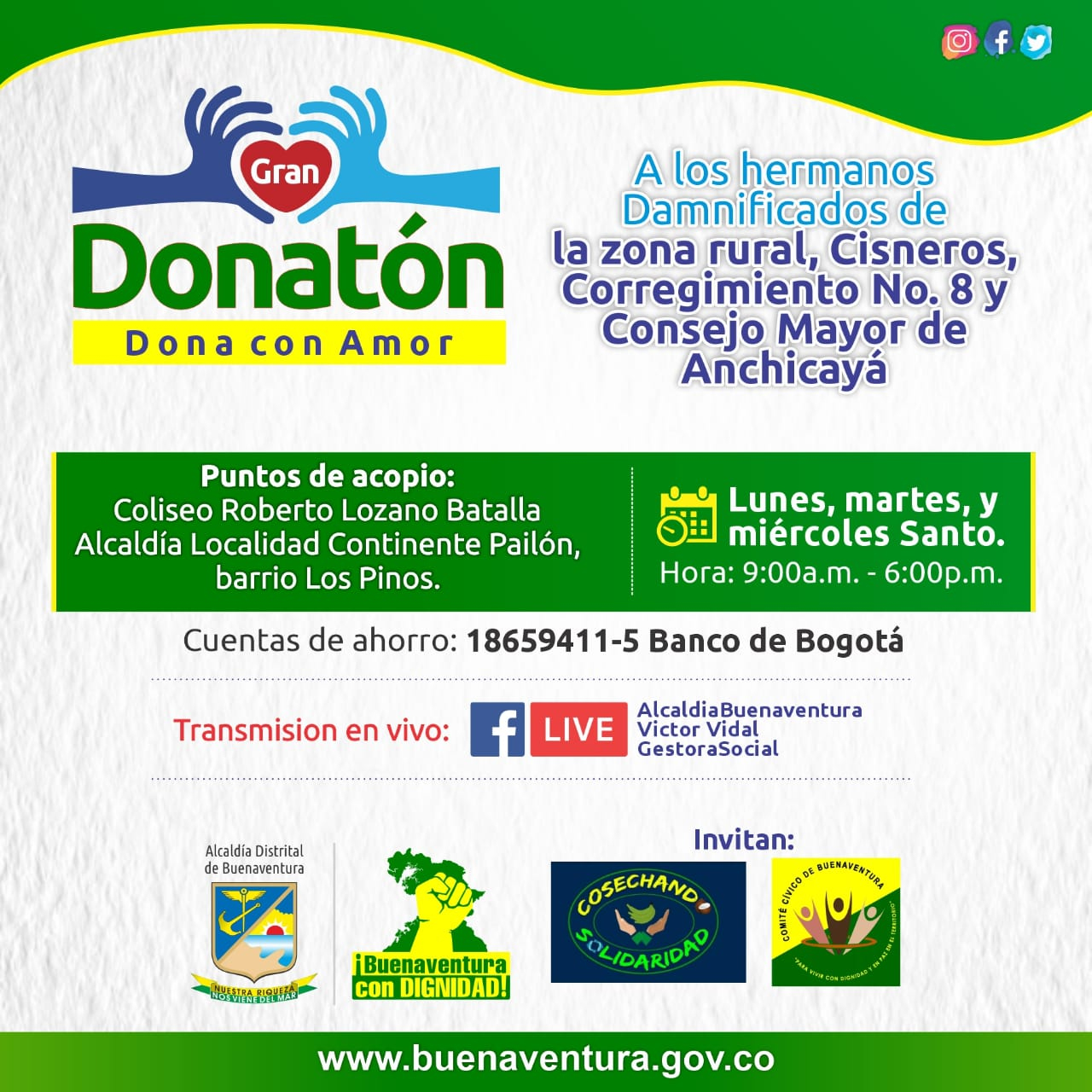 La Alcaldía Distrital inició una campaña de Donatón para las familias damnificadas en la zona rural de Buenaventura 