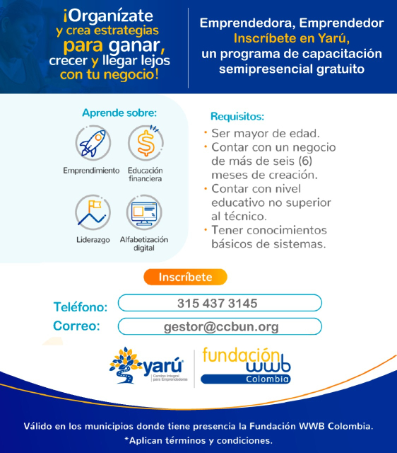 Abiertas las inscripciones para el Programa de Emprendimiento y formalización "Ruta Yarú"