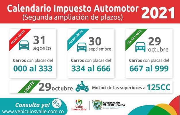 La Gobernación del Valle anunció un nuevo plazo para el pago del Impuesto Automotor