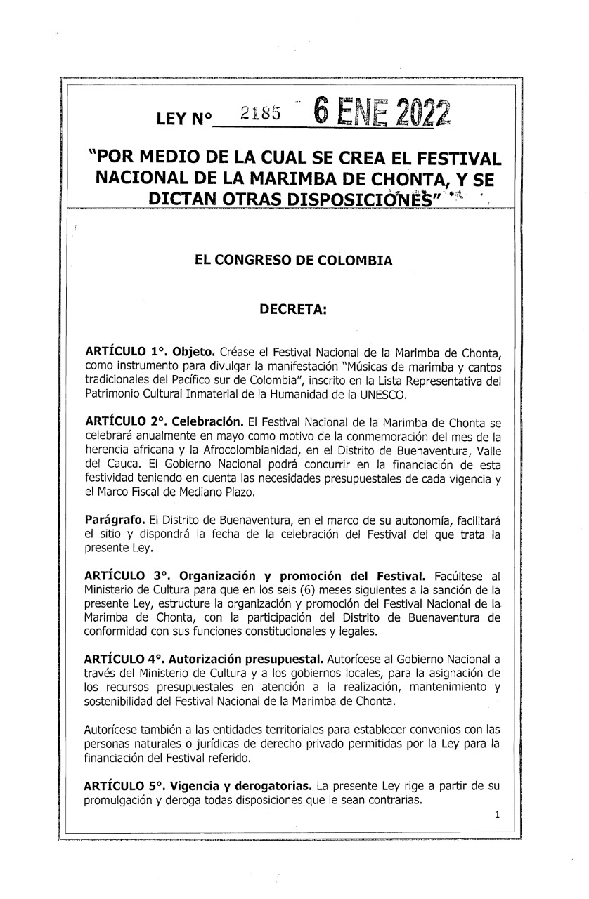 Milton Angulo entrega a su región la Ley que crea el Festival Nacional de la Marimba de Chonta