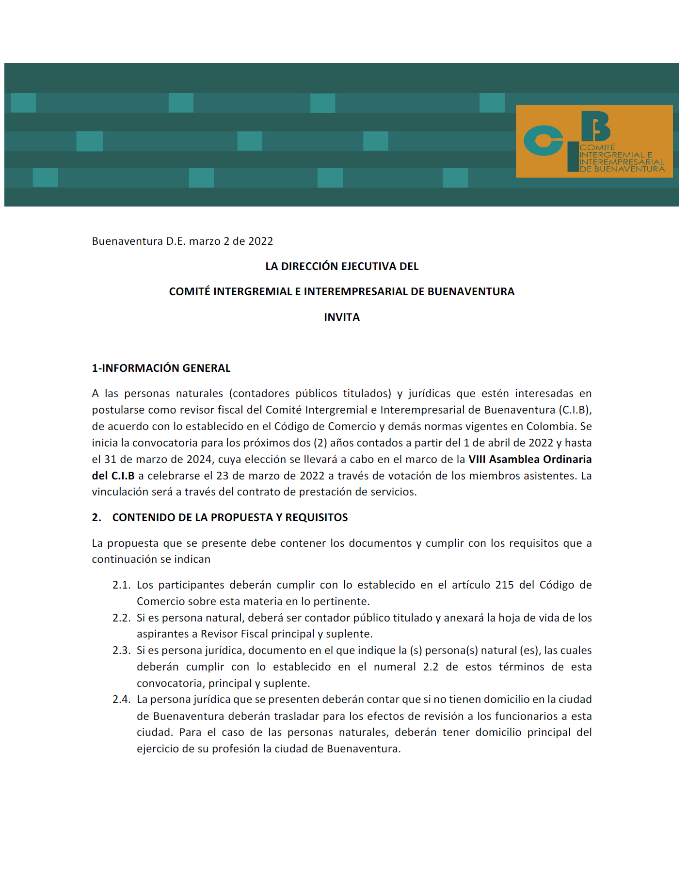 El Comité Intergremial e Interempresarial de Buenaventura abrió convocatoria para seleccionar Revisor Fiscal 