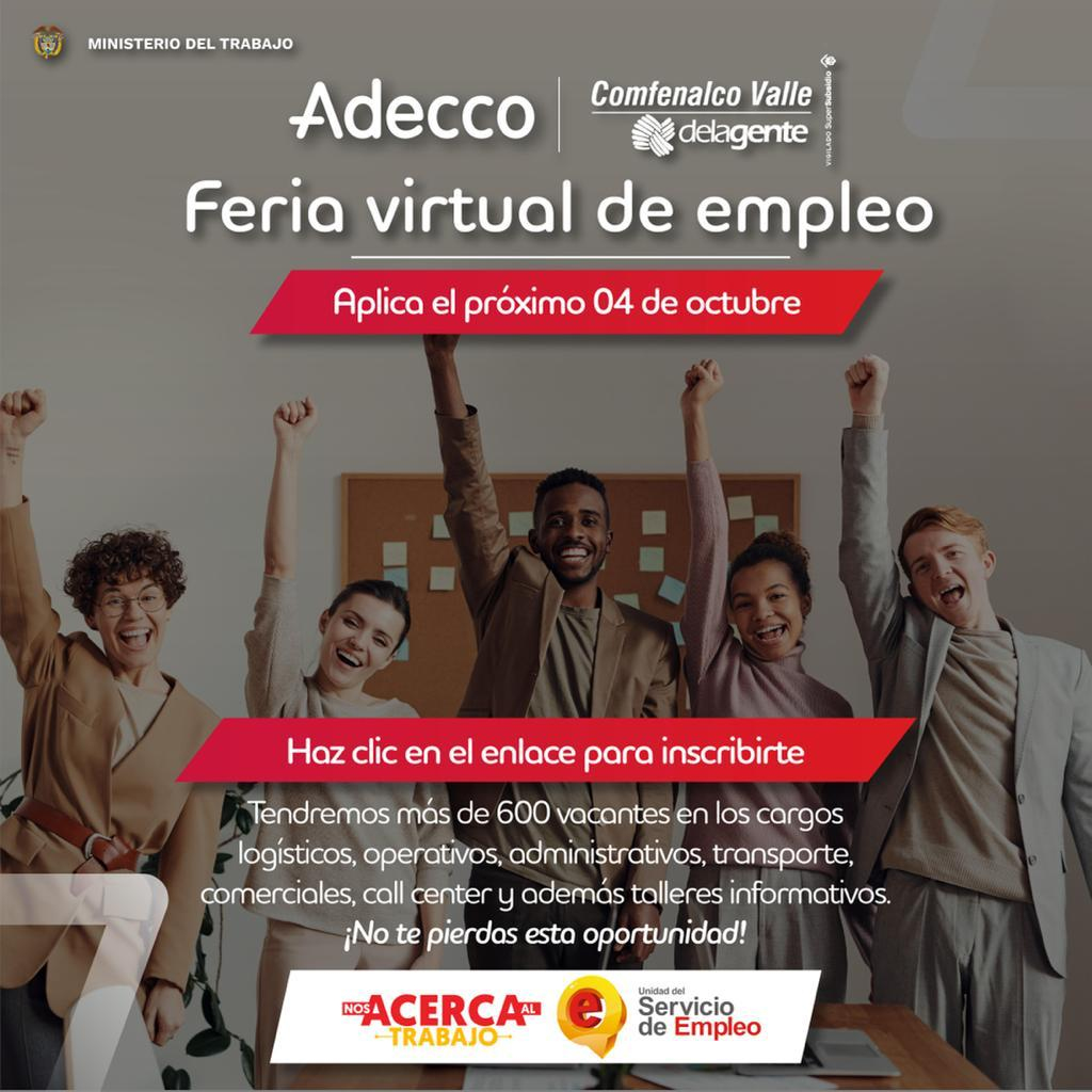 Más de 600 vacantes disponibles en Feria Virtual de Empleo de Adecco- Comfenalco Valle Delagente