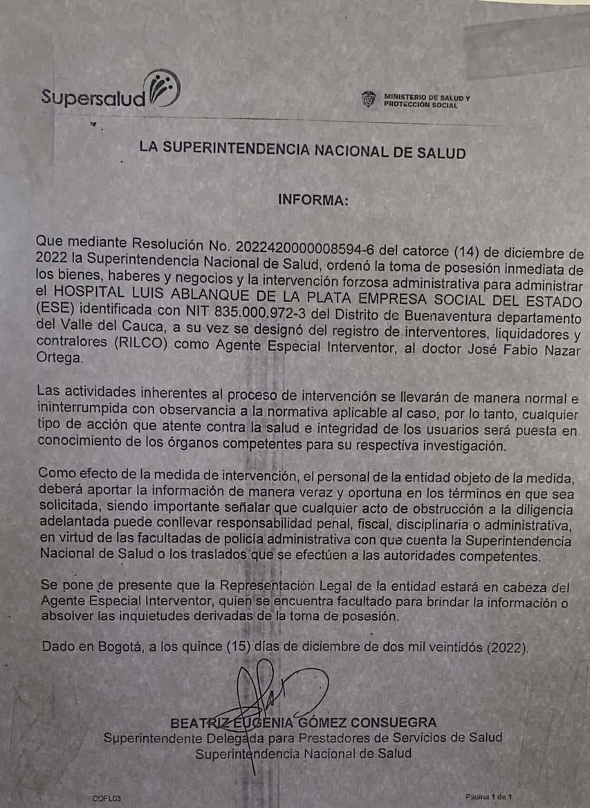 La Supersalud ordenó la toma de posesión del Hospital Distrital Luis Ablanque de la Plata de Buenaventura
