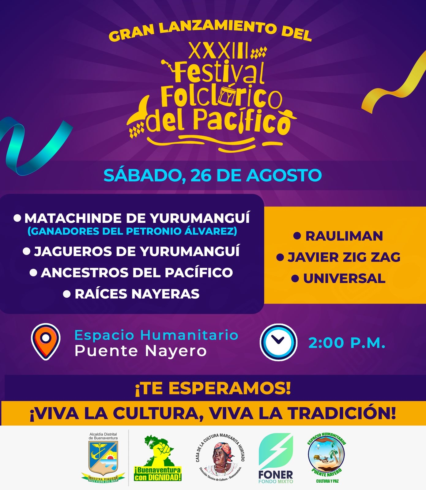 El sábado 26 de agosto de 2023 es el lanzamiento del Festival Folclórico del Pacífico en el Espacio Humanitario en el barrio La Playita 