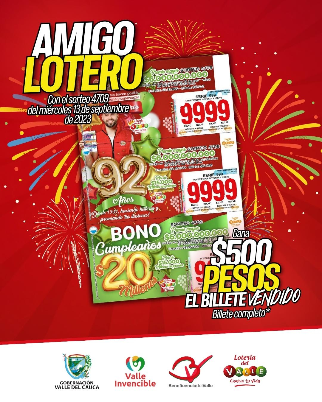 En su sorteo 4709 del 13 septiembre la Lotería del Valle celebra sus 92 años con un bono adicional por $ 20 millones