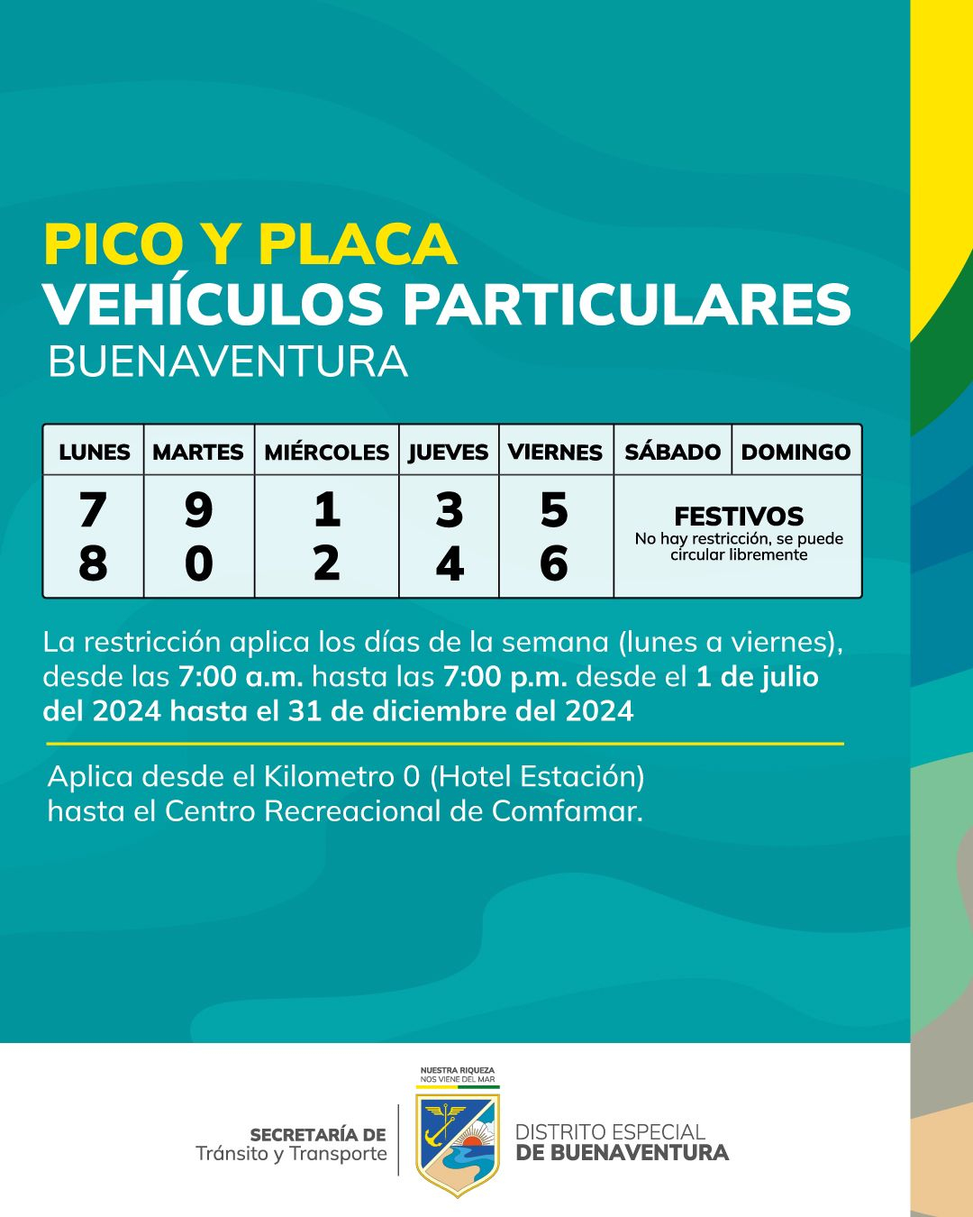 Así quedó el pico y placa para vehículos particulares y restricciones para los de servicio público para el segundo semestre de 2024 en Buenaventura